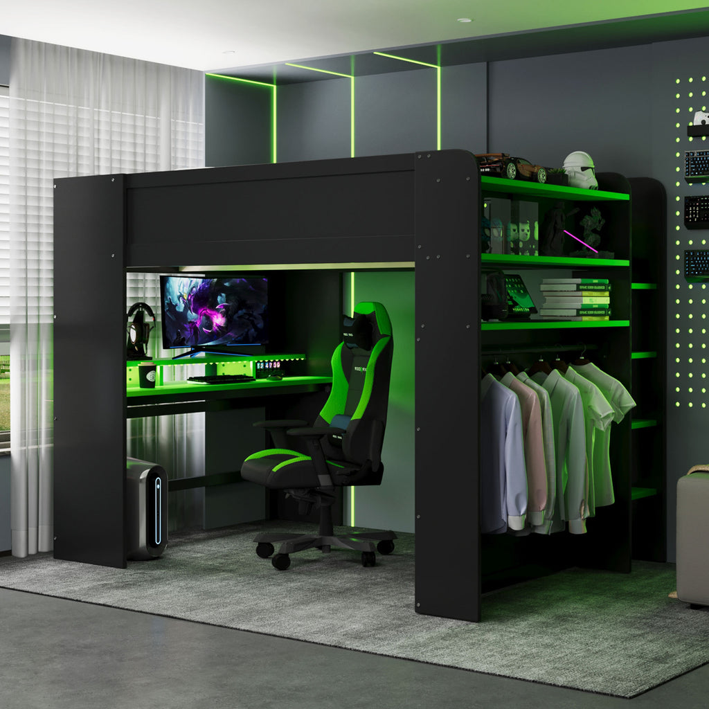 Full Size Wood Bunk Bed with height-adjustable Desk,Wardrobe,Ample Storage Space,and RGB Light, Green(OLD SKU:LT000266AAG)
