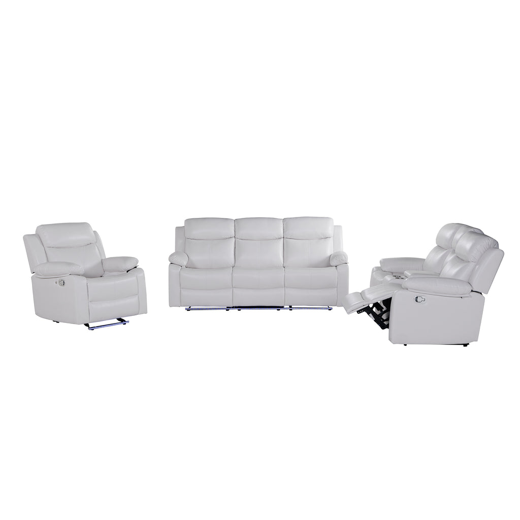 Blanche White 3PC Reclining Sofa and Loveseat with LED Lights, Speaker, Wood Frame, Medium Firm Seating, White