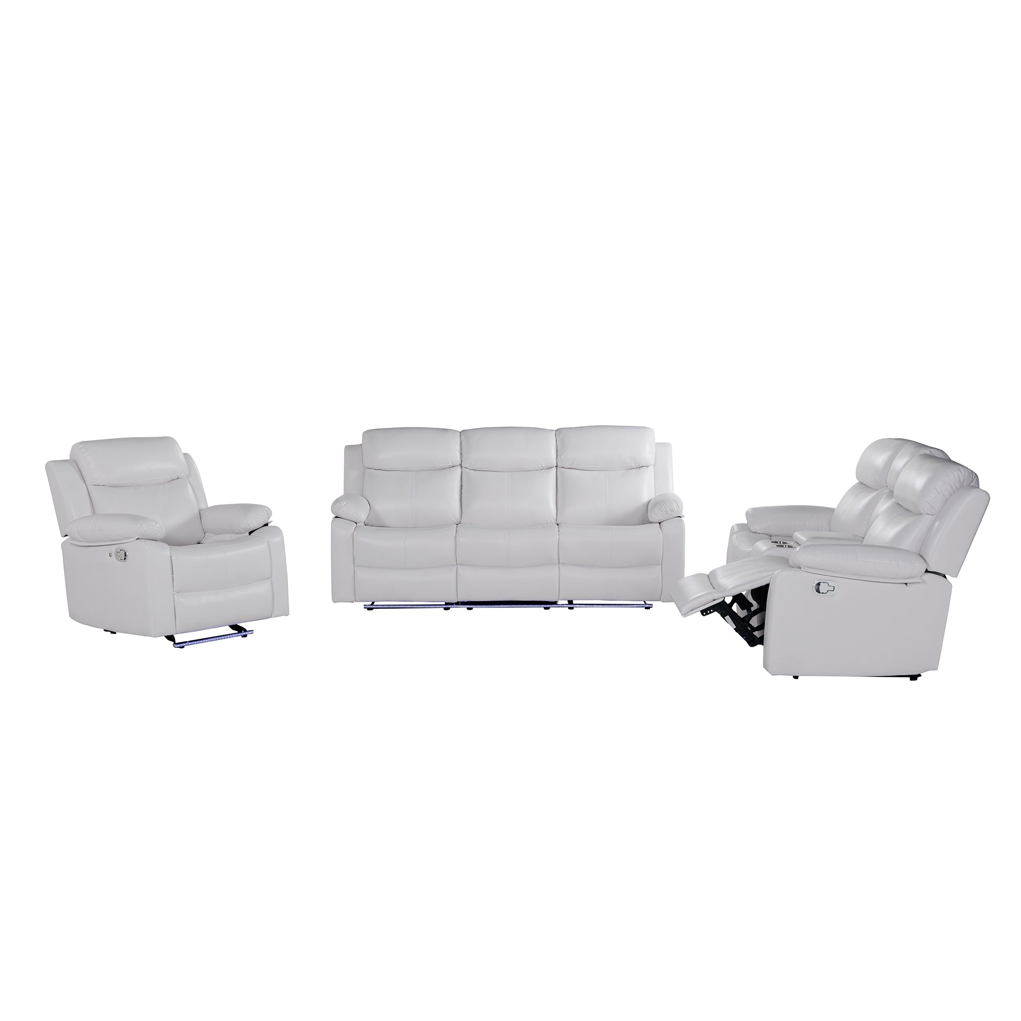 Blanche White 3PC Reclining Sofa and Loveseat with LED Lights, Speaker, Wood Frame, Medium Firm Seating, White
