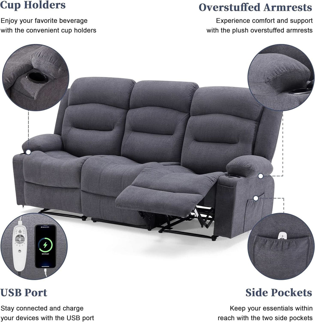 Oversized Heated Massage Recliner Sofa Slate Fabric-4
