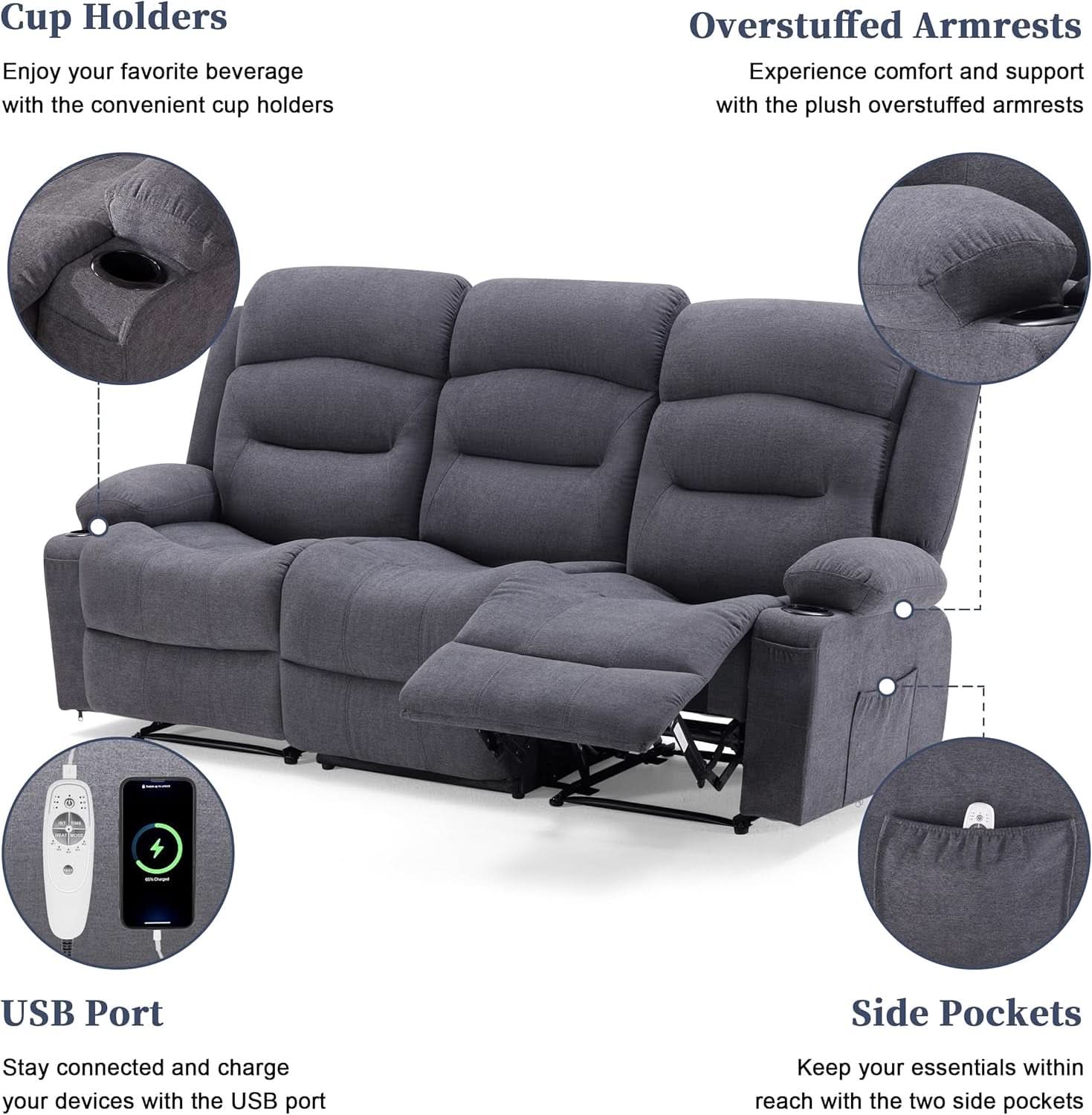 Oversized Heated Massage Recliner Sofa Slate Fabric-4