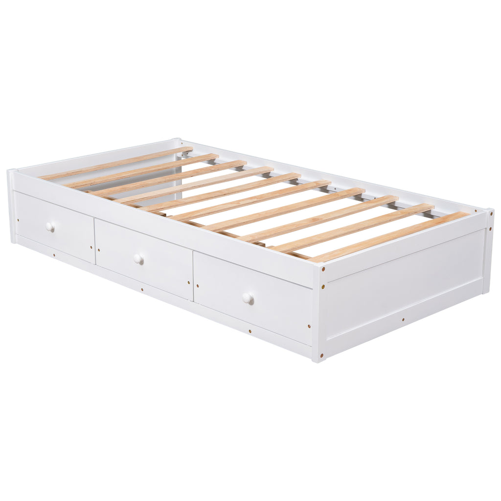 Twin Size Platform Storage Bed with 3 Drawers, White