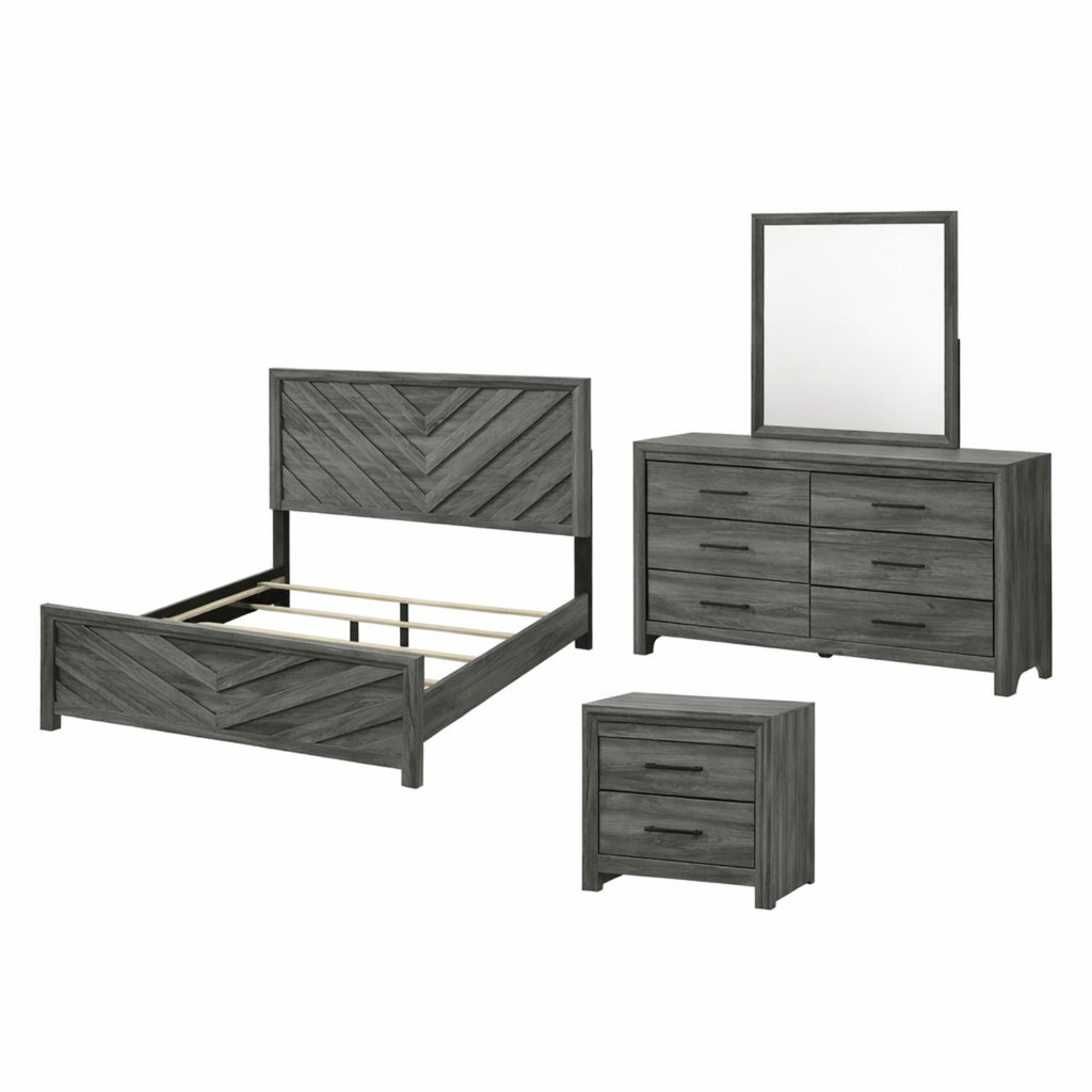 DENVER Modern Twin 4-Piece Bedroom Set in Gray Finish with Bed, Dresser, Mirror and Nightstand, Contemporary Storage Furniture Set