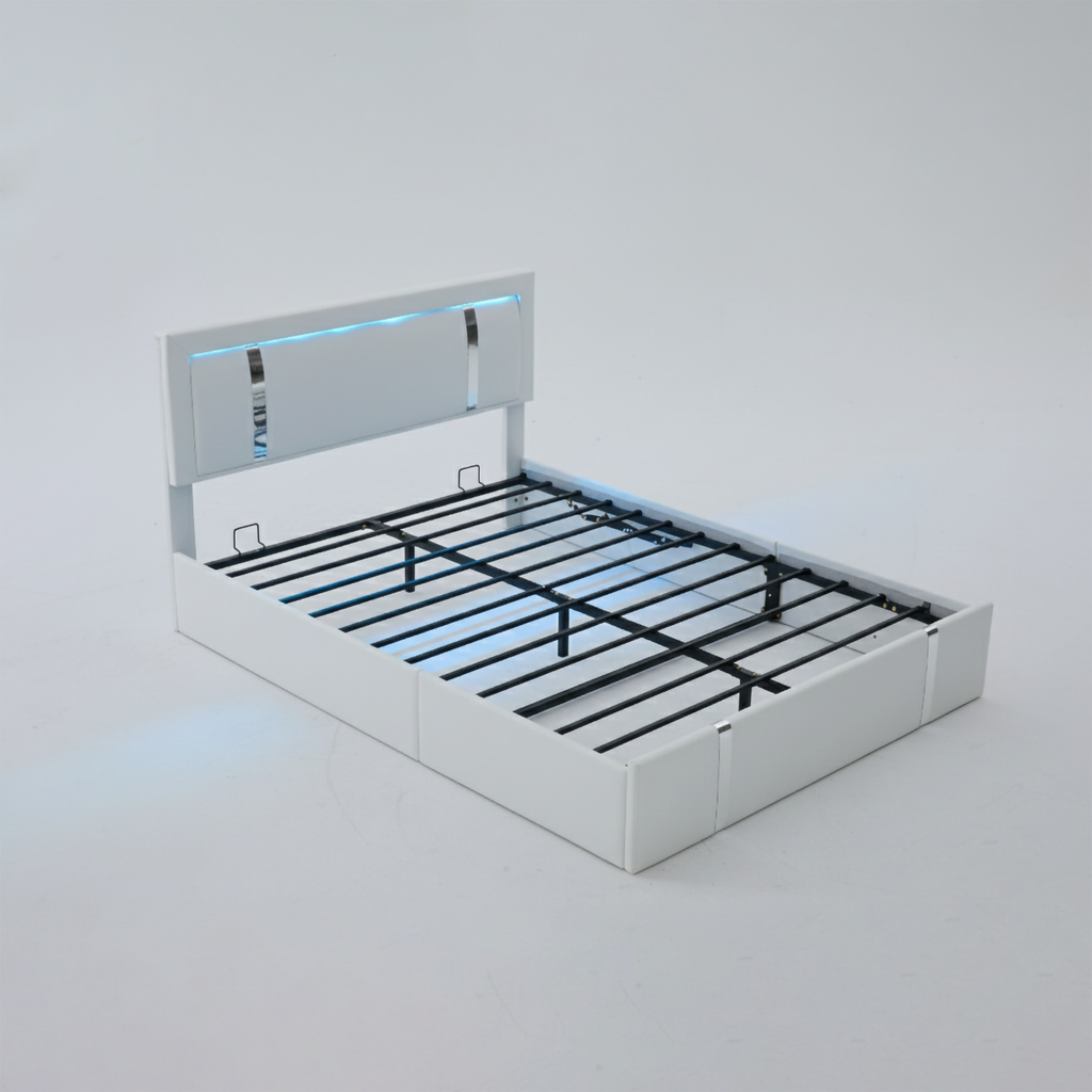 Modern Queen Size Lift Up Storage Bed Frame with Adjustable LED Headboard, USB-C Charging, Faux Leather Upholstery, Metal Slats, White