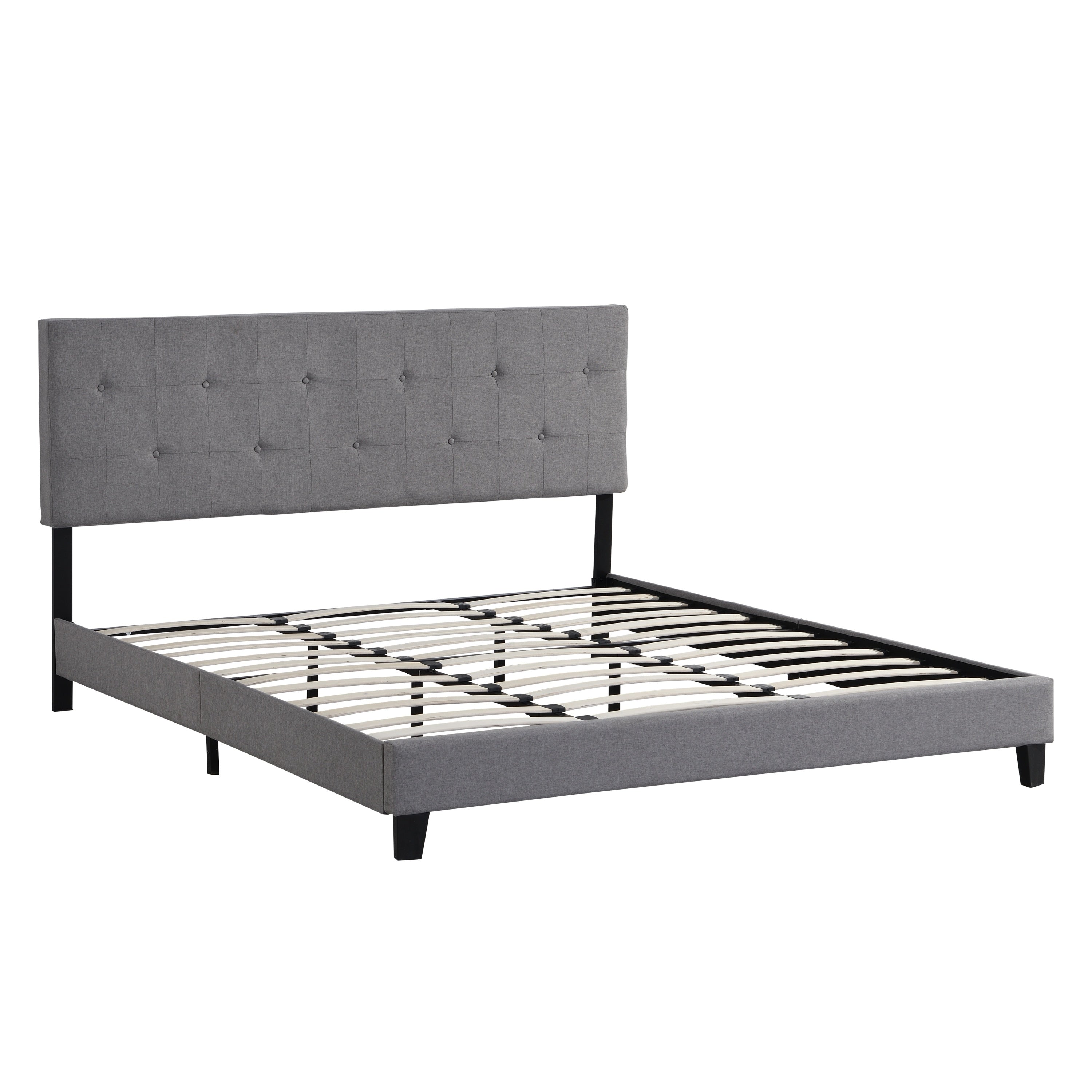 Contemporary King Size Upholstered Platform Bed Frame with Button Tufted Linen Fabric Headboard, Gray, Wood Slat Support
