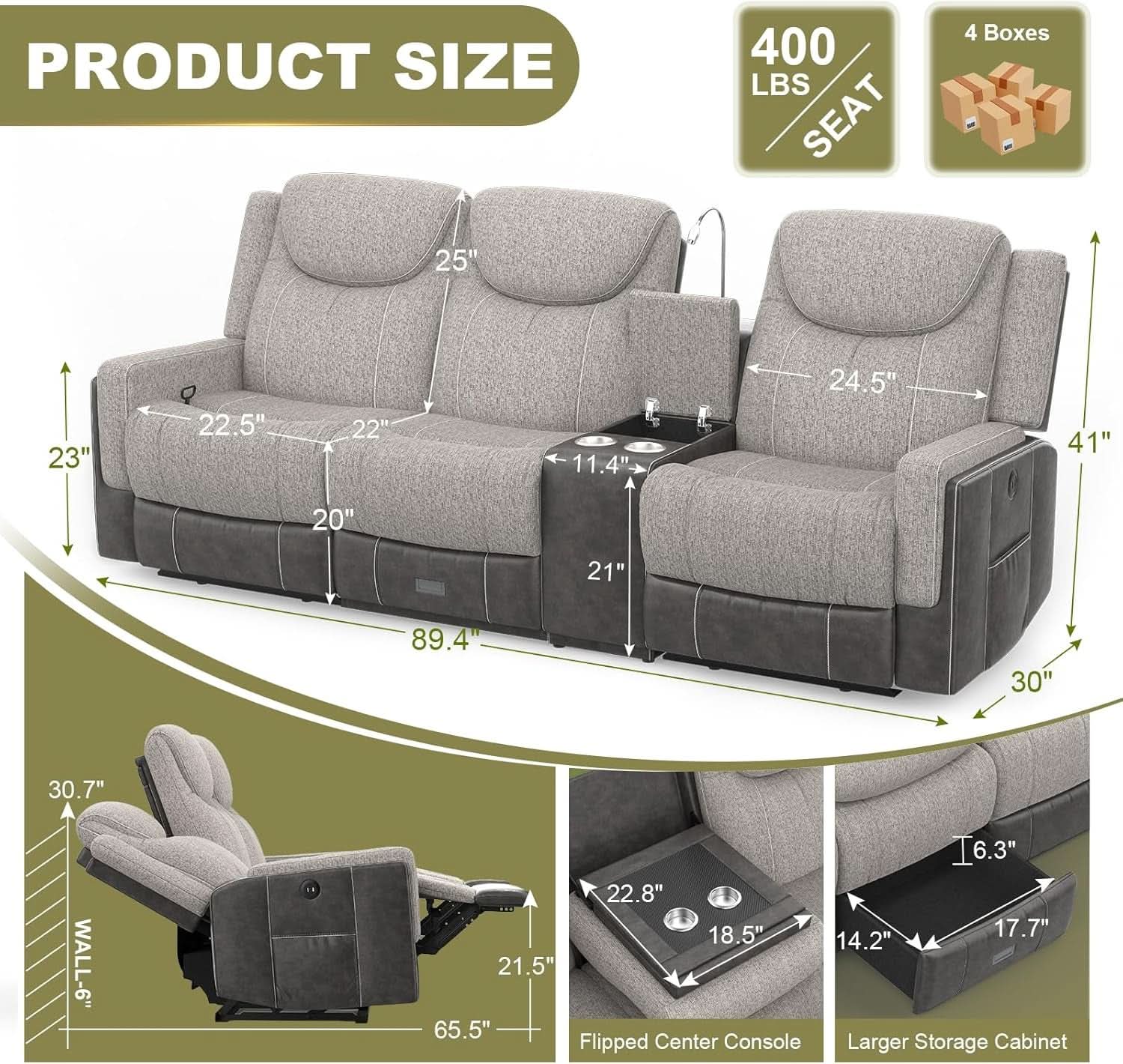 Grey Microfiber Upholstered 3 Seater Recliner USB Ports-1