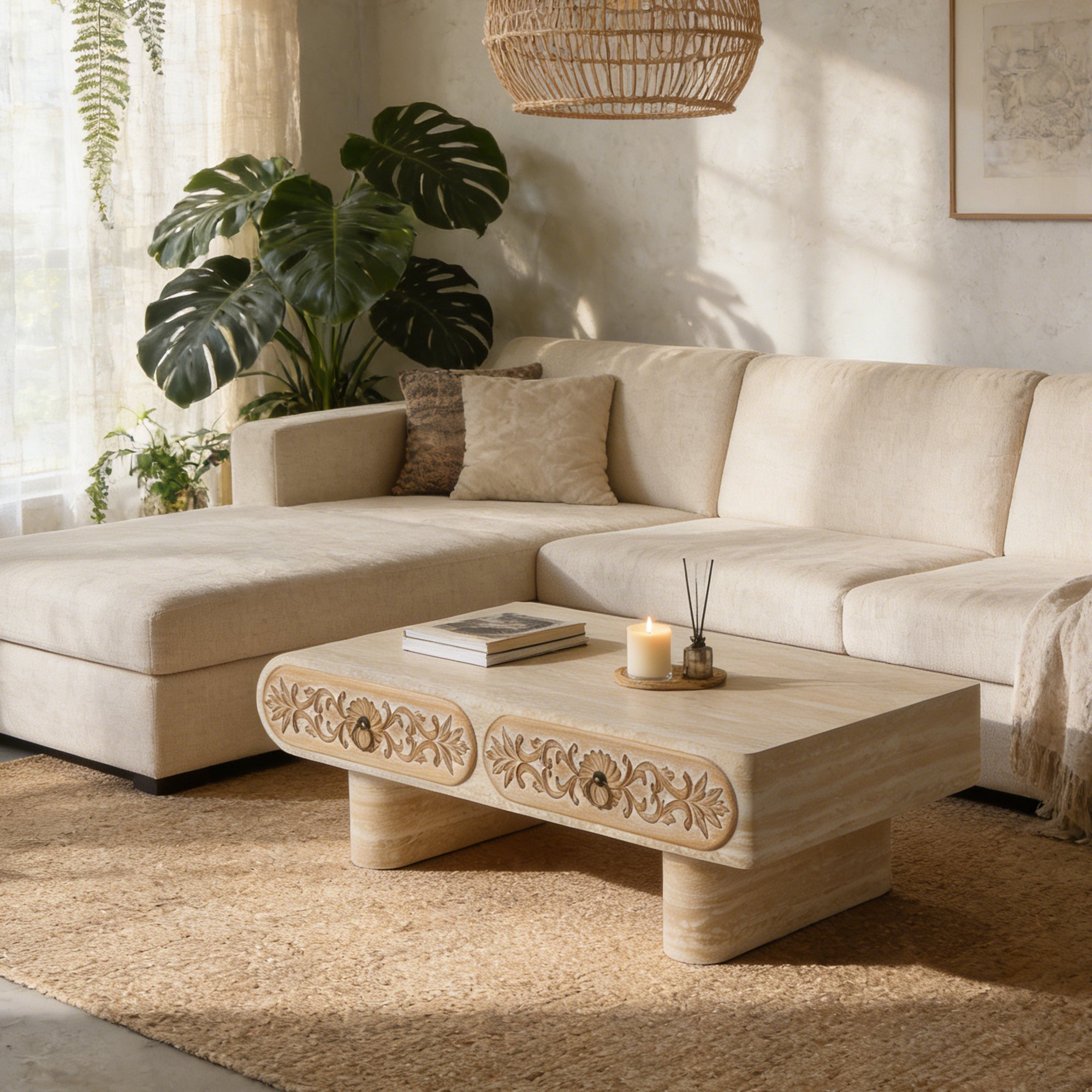 Rounded Edge Coffee Table with Flower Pattern Solid Wood Coffee Table