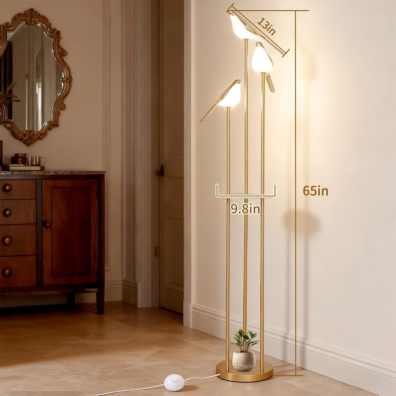 Gold Floor Lamp With Adjustable Brightness Shelving