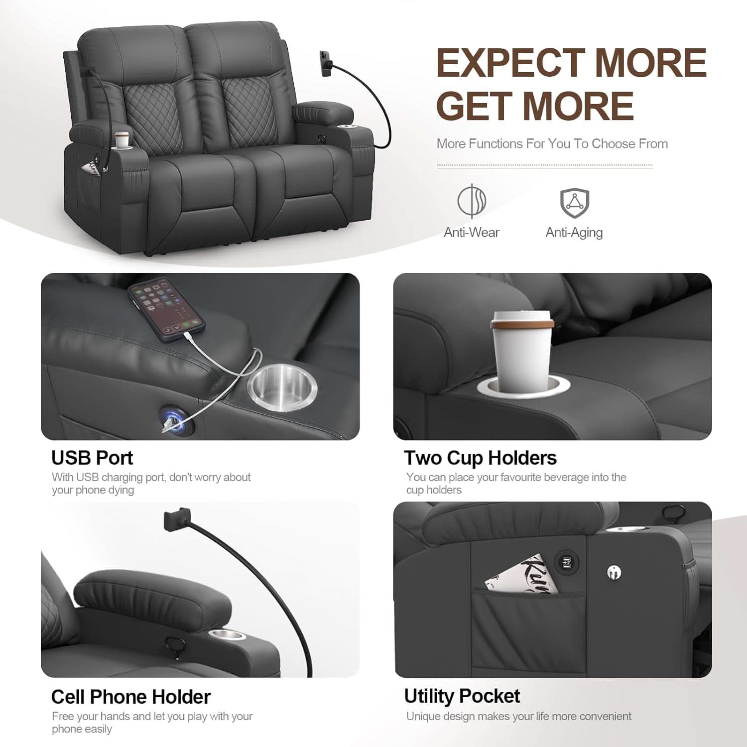 Gray PU Leather Two Seater Recliner Loveseat With USB Ports-2