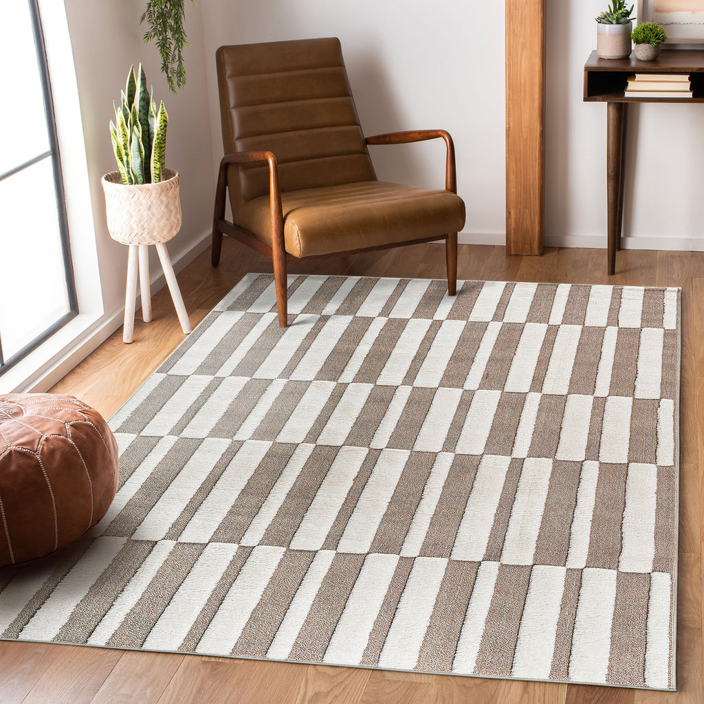 Step Collection High-Low Striped Beige/Cream Indoor Area Rug, 7'9''x10', Modern, Contemporary, Geometric, Bohemian, Bedroom, Kitchen, Living Room, Non Shedding Carpet