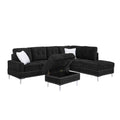 Modern L-Shaped Sectional Sofa with Chaise and Storage Ottoman in Black Chenille, Metal Legs and Copper Nails, Includes Two White Pillows, 102' x 76' x 35'