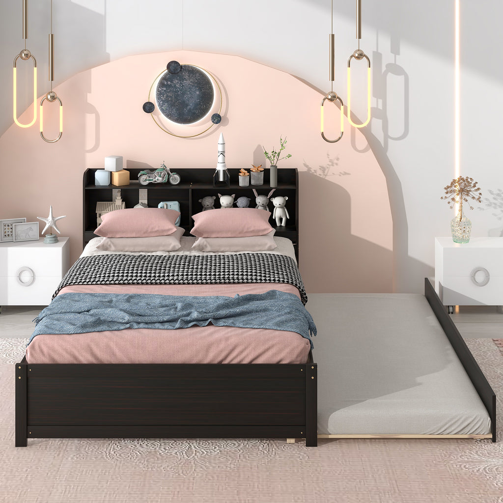 Full Size Bed with Trundle and Bookcase Headboard,Espresso (Old Sku W50446125)