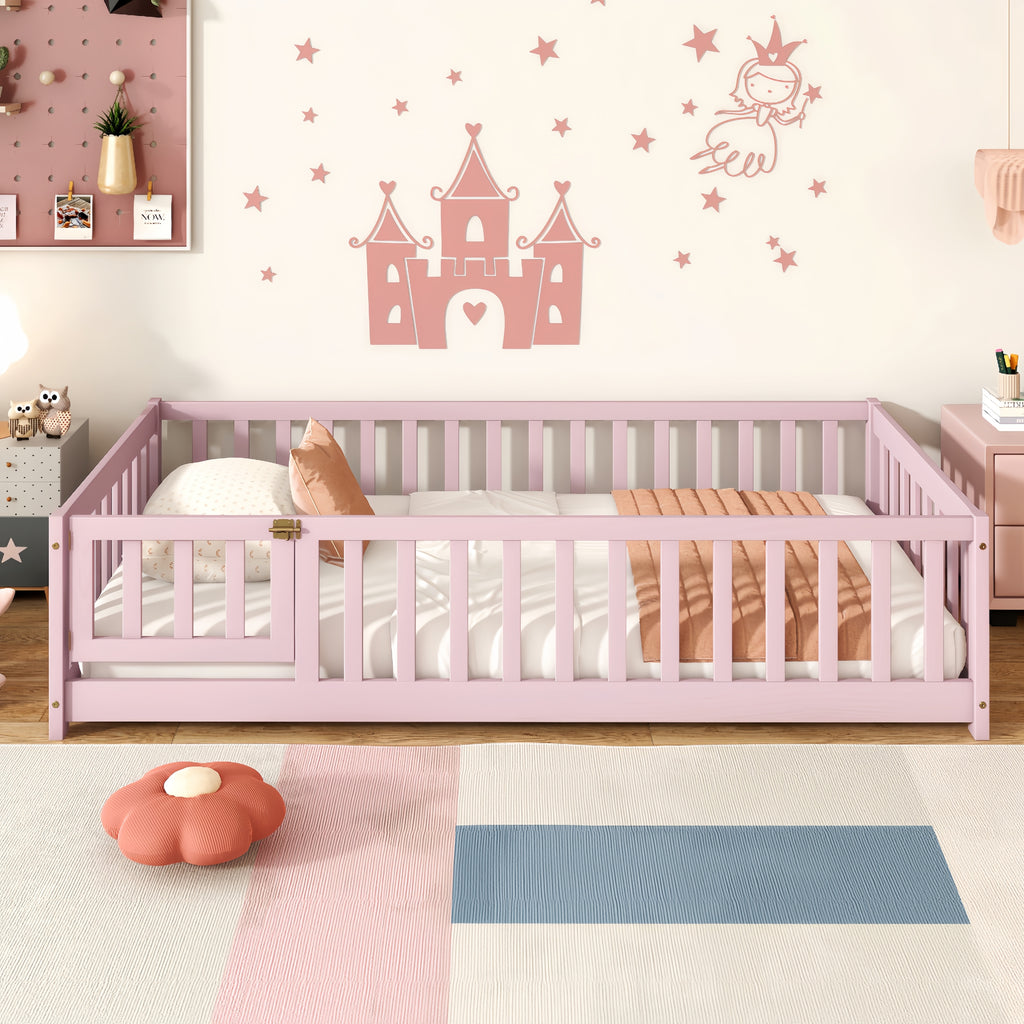 Pink Twin Size Floor Bed with Fence and Door