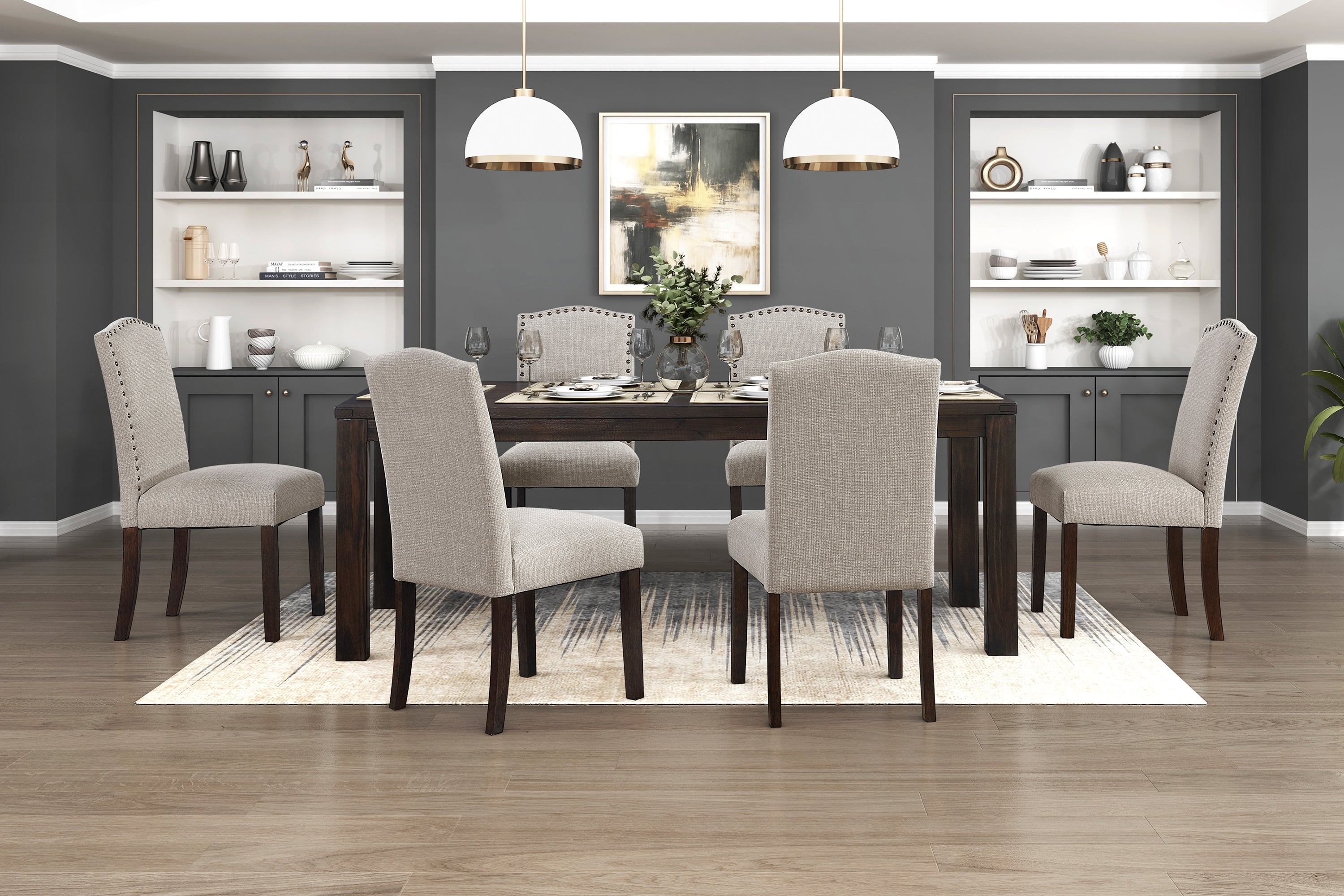 7pc Dining Set Dark Brown Finish Table and Taupe Fabric Upholstered 6x Side Chairs Wooden Modern Dining Kitchen Furniture