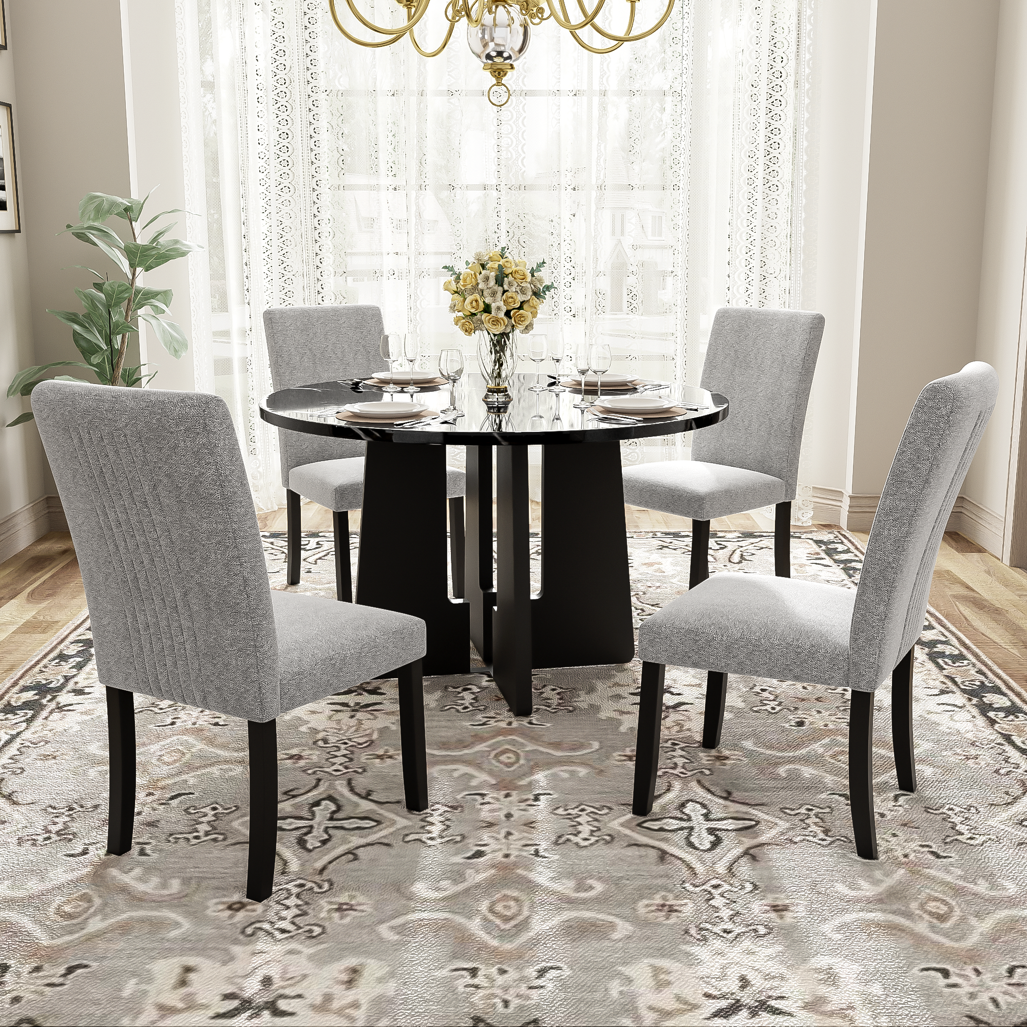 5-Piece Round Dining Table set, 43-Inch Modern Dining Table and 4 Upholstered Chairs for Dining Room, Kitchen Room, Living Room, Easy Assembly