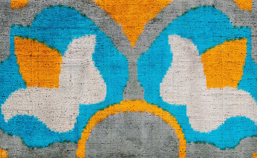 Handmade Velvet Throw Pillow with Blue, Yellow, and Gray Geometric Design - High-Quality 20x20 Inch Decorative Accent with Premium Down Feather Insert for Sofas, Couches, and Interior Design"
