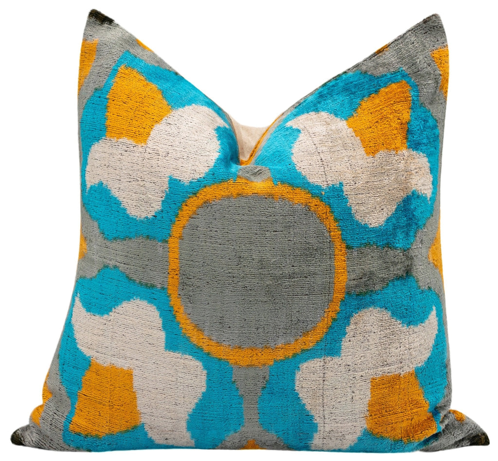 Handmade Velvet Throw Pillow with Blue, Yellow, and Gray Geometric Design - High-Quality 20x20 Inch Decorative Accent with Premium Down Feather Insert for Sofas, Couches, and Interior Design"