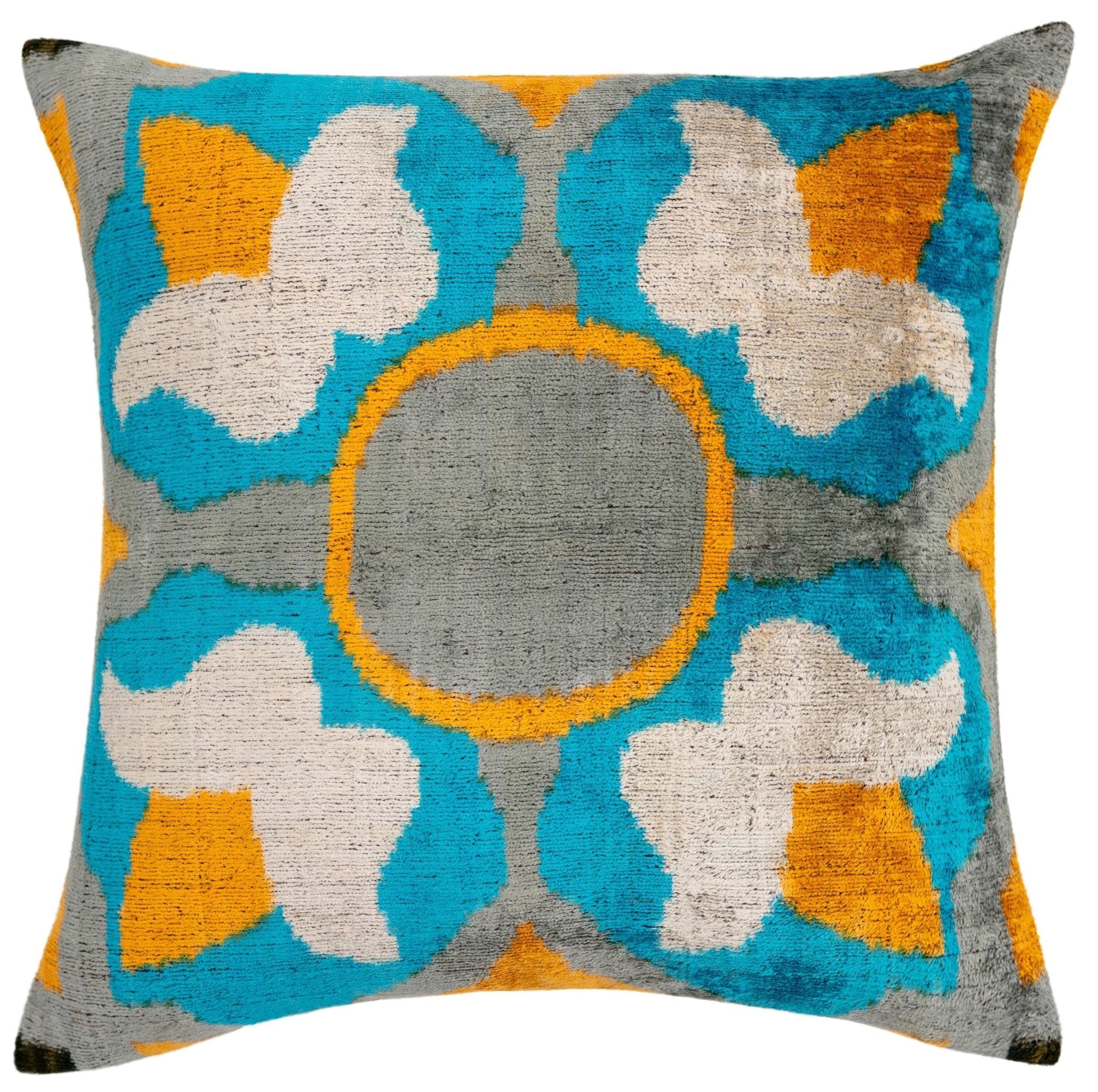 Handmade Velvet Throw Pillow with Blue, Yellow, and Gray Geometric Design - High-Quality 20x20 Inch Decorative Accent with Premium Down Feather Insert for Sofas, Couches, and Interior Design"