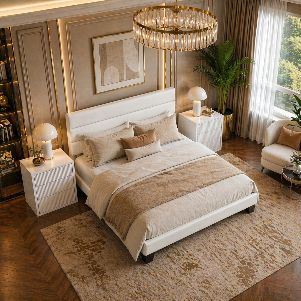 King Bedroom Set with Velvet Upholstered Platform Bed Frame & 2 White Fluted 3-Drawer Nightstands-1
