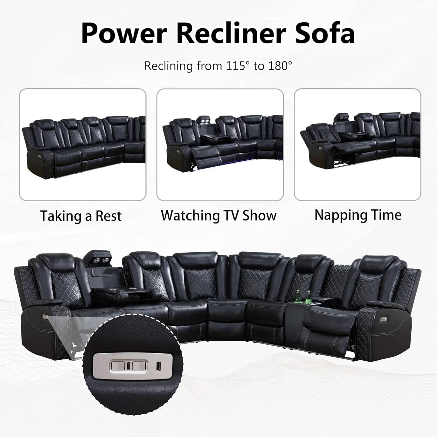 Leather Power Recliner Sectional Sofa with USB Charging-3