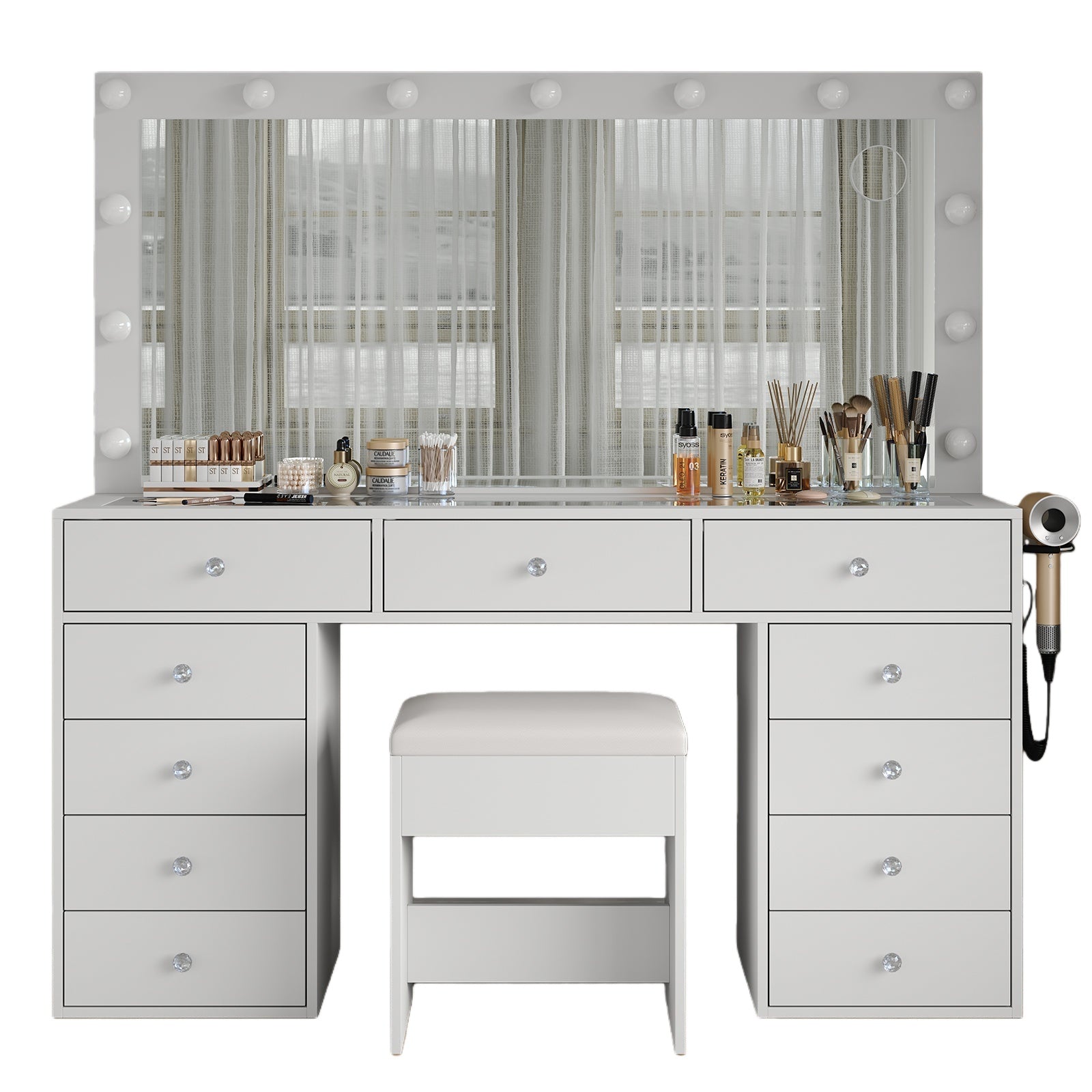 11-Drawer LED Mirror Vanity Desk - Vektaya